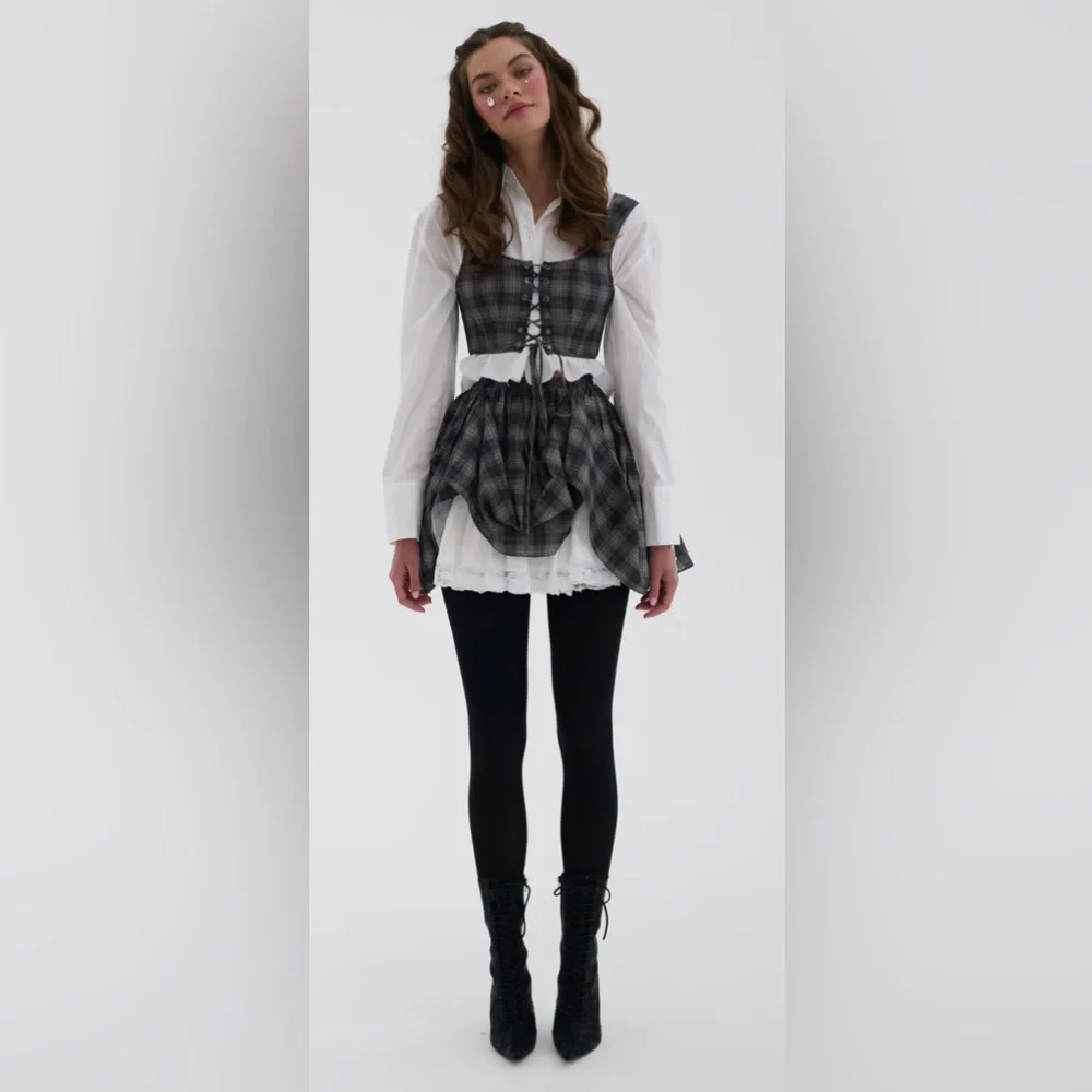 Selkie Cotton Plaid Ruffle Pleated Granger Mini Skirt - Picture 2 of 16